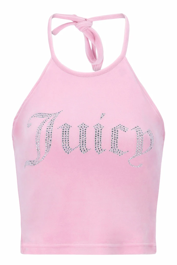 JUICY COUTURE PINK PETAL VELOUR DIAMANTE HALTER TOP SPRING SUMMER '22 COLLECTION