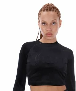 JUICY COUTURE TOPS BLACK LONG SLEEVE VELVET SPORTS CROPPED TOP