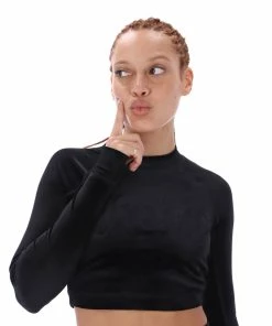 JUICY COUTURE TOPS BLACK LONG SLEEVE VELVET SPORTS CROPPED TOP