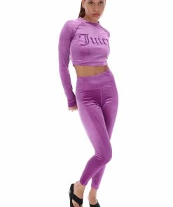 JUICY COUTURE PURPLE VELVET EMBROIDERED SPORTS LEGGINGS