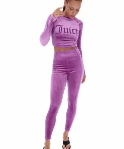 JUICY COUTURE TRACKSUITS PURPLE LONG SLEEVE VELVET SPORTS CROPPED TOP