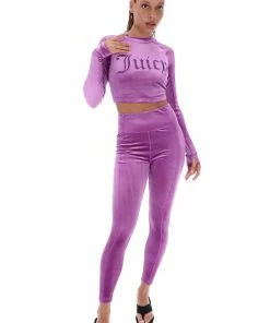 JUICY COUTURE TRACKSUITS PURPLE LONG SLEEVE VELVET SPORTS CROPPED TOP
