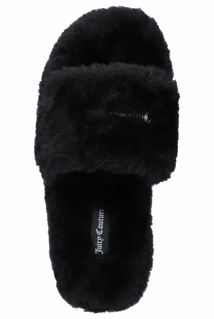 JUICY COUTURE BLACK FUR STACKED SLIPPERS
