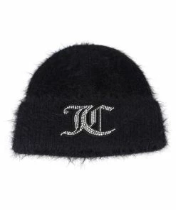 JUICY COUTURE BLACK FLUFFY KNIT DIAMANTE BEANIE ACCESSORIES