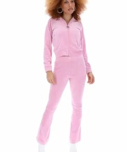 JUICY COUTURE SPRING SUMMER '22 COLLECTION PINK PETAL VELOUR DIAMANTE FLARED PANTS