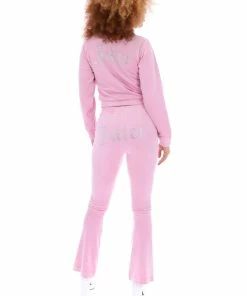 JUICY COUTURE SPRING SUMMER'22 COLLECTION PINK PETAL VELOUR DIAMANTE FLARED PANTS