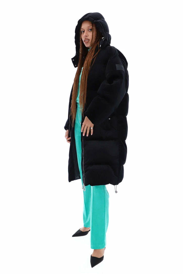 JUICY COUTURE BLACK LONGLINE VELOUR PUFFER COAT