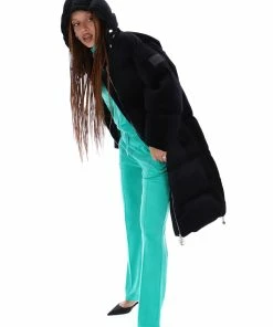 JUICY COUTURE BLACK LONGLINE VELOUR PUFFER COAT
