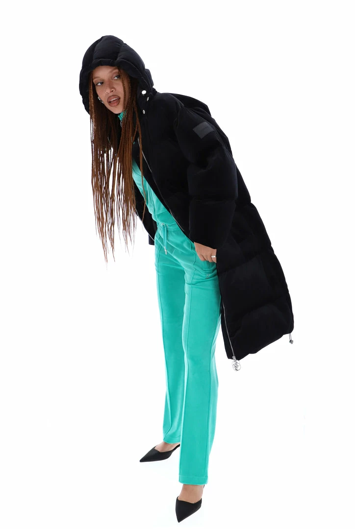 JUICY COUTURE BLACK LONGLINE VELOUR PUFFER COAT