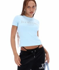 JUICY COUTURE TOPS COOL BLUE DIAMANTE SHORT SLEEVE SLOGAN TEE