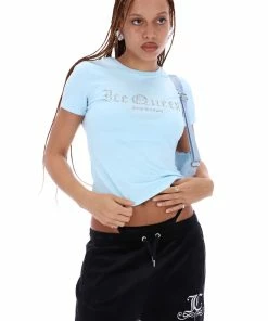 JUICY COUTURE TOPS COOL BLUE DIAMANTE SHORT SLEEVE SLOGAN TEE