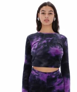 JUICY COUTURE PURPLE TIE DYE LONG SLEEVE VELOUR CROP TOP