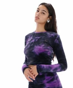 JUICY COUTURE PURPLE TIE DYE LONG SLEEVE VELOUR CROP TOP