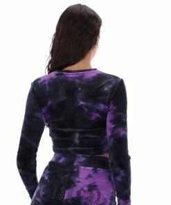 JUICY COUTURE PURPLE TIE DYE LONG SLEEVE VELOUR CROP TOP