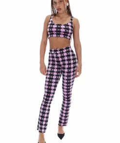 JUICY COUTURE ORCHID MONO CHECK PRINTED VELOUR FLARED PANTS BOTTOMS