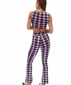 JUICY COUTURE ORCHID MONO CHECK PRINTED VELOUR FLARED PANTS BOTTOMS