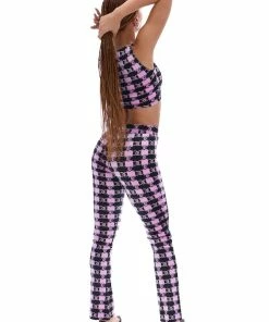 JUICY COUTURE ORCHID MONO CHECK PRINTED VELOUR FLARED PANTS BOTTOMS