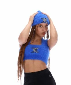 JUICY COUTURE ACCESSORIES PRINCESS BLUE FLUFFY KNIT DIAMANTE BEANIE