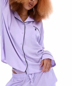JUICY COUTURE PASTEL LILAC SATIN EMBROIDERED PYJAMA SHIRT