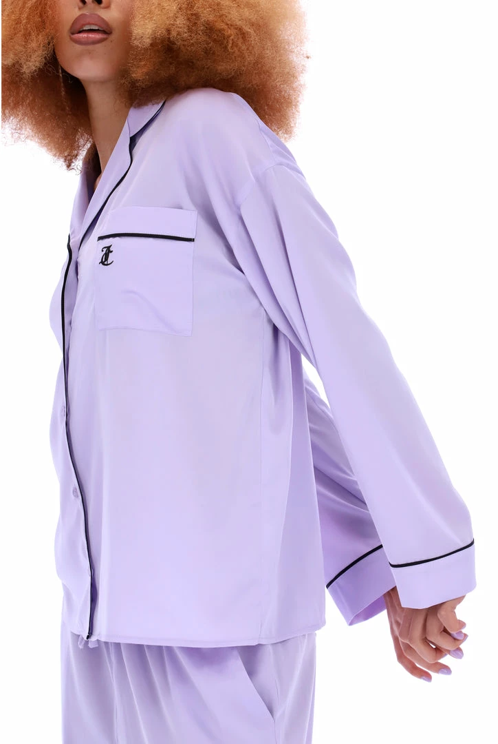 JUICY COUTURE PASTEL LILAC SATIN EMBROIDERED PYJAMA SHIRT