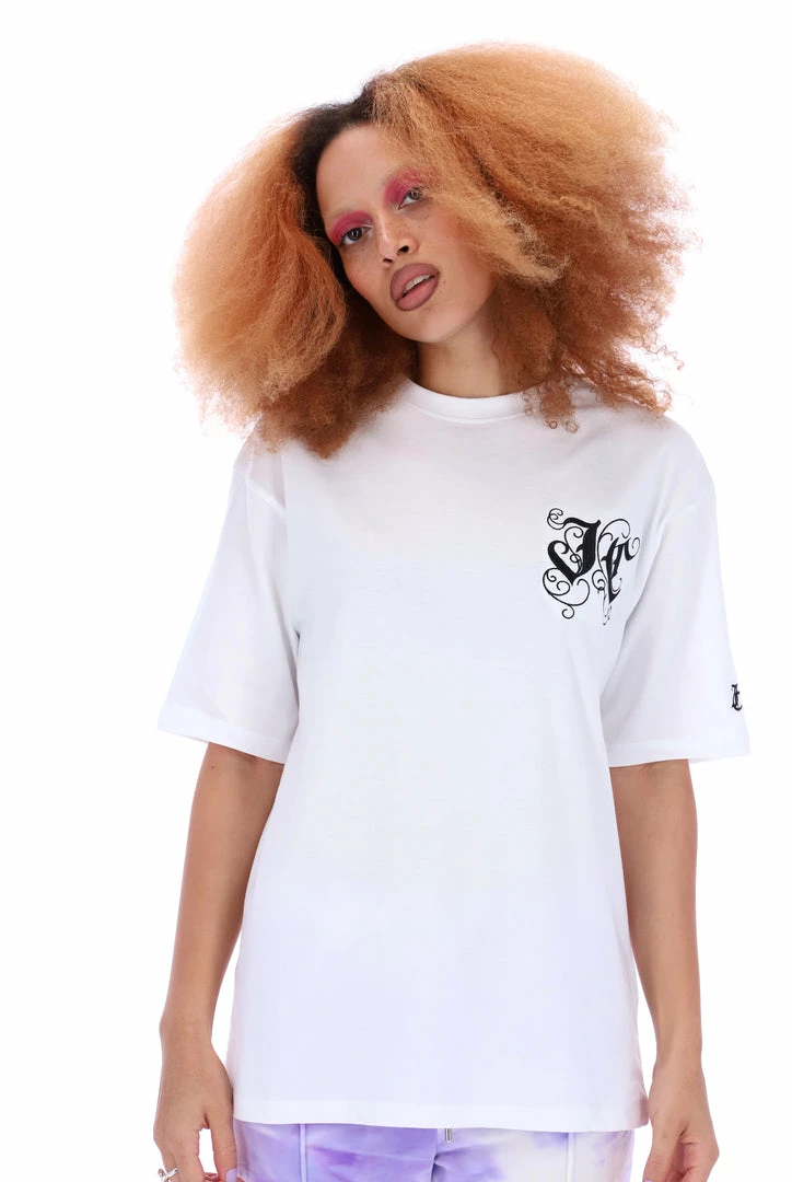 JUICY COUTURE WHITE SHORT SLEEVED GOTHIC VINE JC BOYFRIEND TEE TOPS