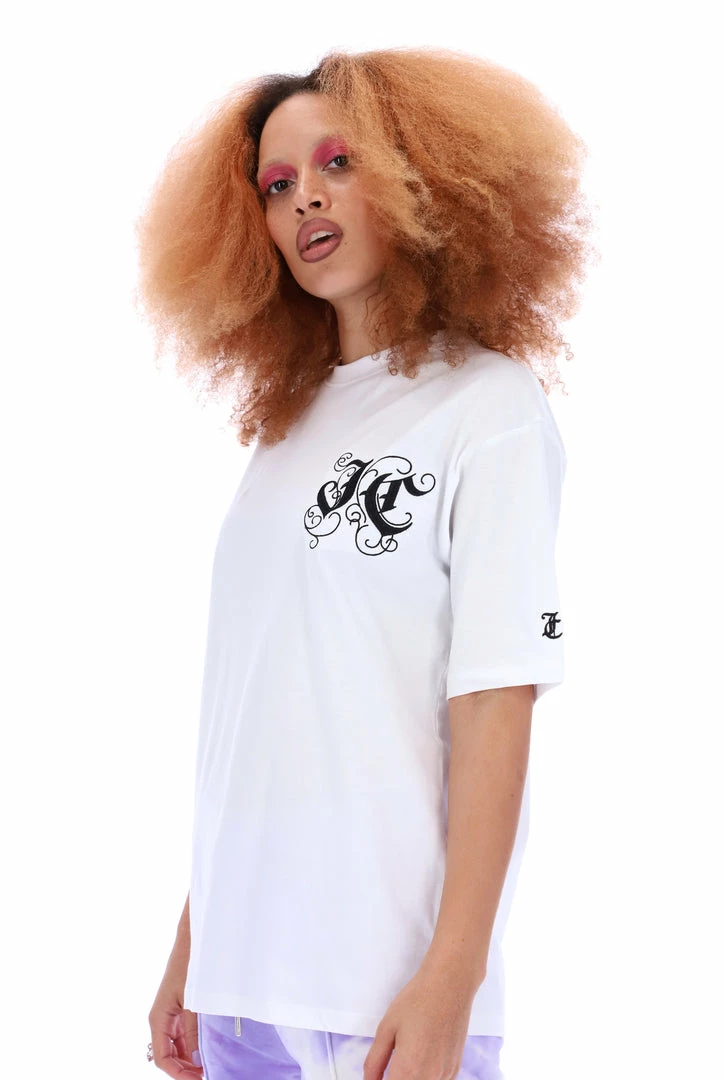 JUICY COUTURE WHITE SHORT SLEEVED GOTHIC VINE JC BOYFRIEND TEE TOPS