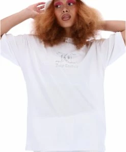 JUICY COUTURE WHITE SHORT SLEEVED DIAMANTE JC STACKED BOYFRIEND TEE