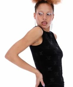 JUICY COUTURE BLACK VELOUR MONOGRAM DIAMANTE EMBELLISHED TANK