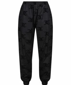 JUICY COUTURE BLACK FLOCKED MONOGRAM PONGEE TRACK JOGGER TRACKSUITS