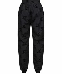 JUICY COUTURE BLACK FLOCKED MONOGRAM PONGEE TRACK JOGGER TRACKSUITS