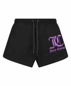 JUICY COUTURE TRACKSUITS BLACK FLOCKED MID-RISE TRACK SHORTS