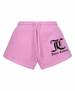 JUICY COUTURE TRACKSUITS ORCHID PINK FLOCKED MID-RISE TRACK SHORTS