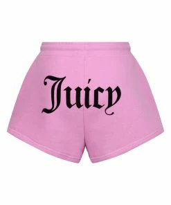 JUICY COUTURE TRACKSUITS ORCHID PINK FLOCKED MID-RISE TRACK SHORTS