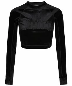 JUICY COUTURE TOPS BLACK LONG SLEEVE VELVET SPORTS CROPPED TOP