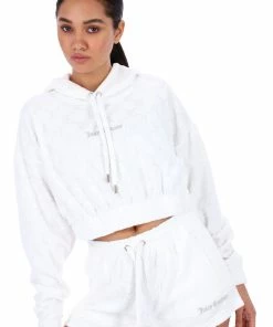 JUICY COUTURE TRACKSUITS WHITE MONOGRAM JACQUARD TERRY TOWELLING HOODIE