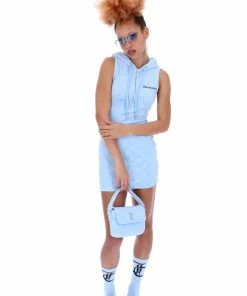 JUICY COUTURE POWDER BLUE MONOGRAM JACQUARD TERRY TOWELLING HOODED DRESS