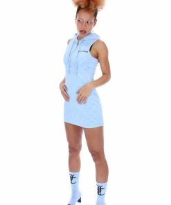 JUICY COUTURE POWDER BLUE MONOGRAM JACQUARD TERRY TOWELLING HOODED DRESS