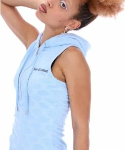 JUICY COUTURE POWDER BLUE MONOGRAM JACQUARD TERRY TOWELLING HOODED DRESS