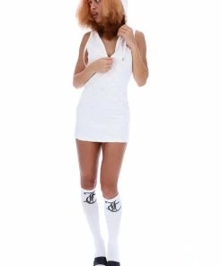 JUICY COUTURE WHITE MONOGRAM JACQUARD TERRY TOWELLING HOODED DRESS DRESSES