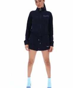 JUICY COUTURE TRACKSUITS NIGHT SKY BLUE MONOGRAM JACQUARD TERRY TOWELLING TRACK SHORTS