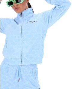 JUICY COUTURE POWDER BLUE MONOGRAM JACQUARD TERRY TOWELLING TRACK TOP