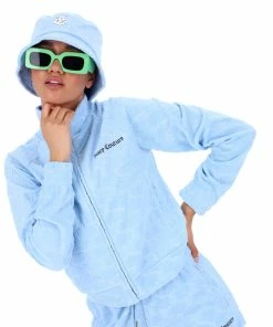 JUICY COUTURE POWDER BLUE MONOGRAM JACQUARD TERRY TOWELLING TRACK TOP
