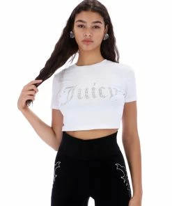 JUICY COUTURE WHITE DIAMANTE GRAPHIC CROP TEE TOPS