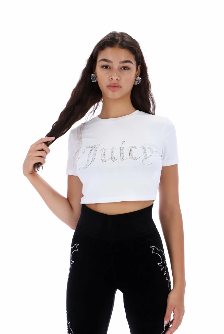 JUICY COUTURE WHITE DIAMANTE GRAPHIC CROP TEE TOPS