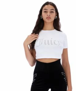 JUICY COUTURE WHITE DIAMANTE GRAPHIC CROP TEE TOPS