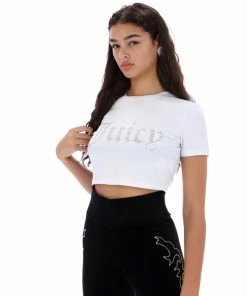 JUICY COUTURE WHITE DIAMANTE GRAPHIC CROP TEE TOPS