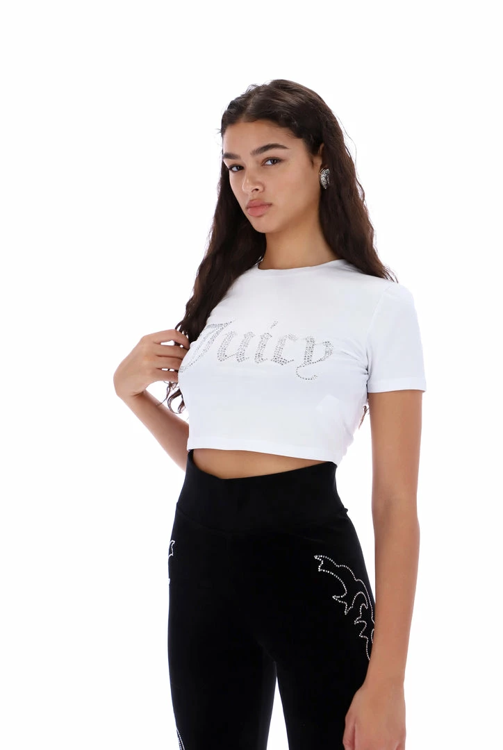 JUICY COUTURE WHITE DIAMANTE GRAPHIC CROP TEE TOPS