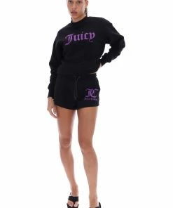 JUICY COUTURE TRACKSUITS BLACK FLOCKED MID-RISE TRACK SHORTS