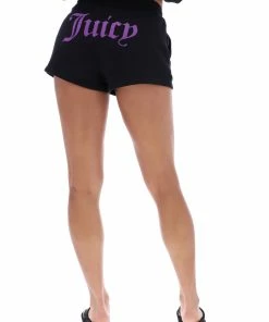 JUICY COUTURE TRACKSUITS BLACK FLOCKED MID-RISE TRACK SHORTS