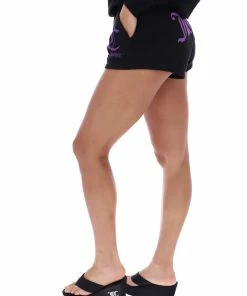 JUICY COUTURE TRACKSUITS BLACK FLOCKED MID-RISE TRACK SHORTS